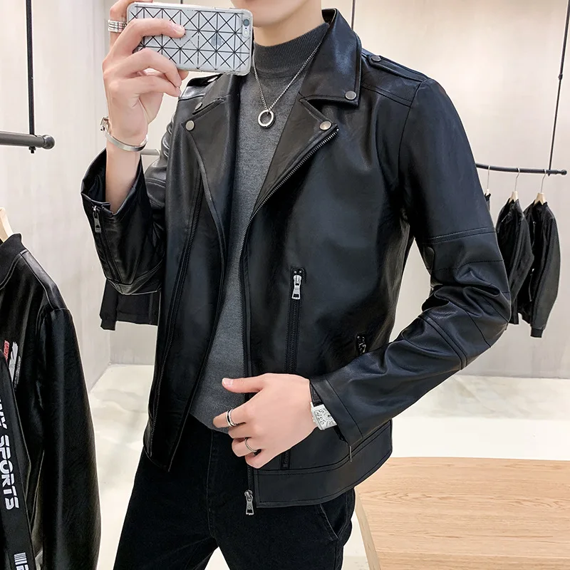 

New Style Leather Coat Mens Motorcycle Jackets Youth Leather Jacket Spring and Autumn Fold-down Collar PU Faux Fur Coat Men