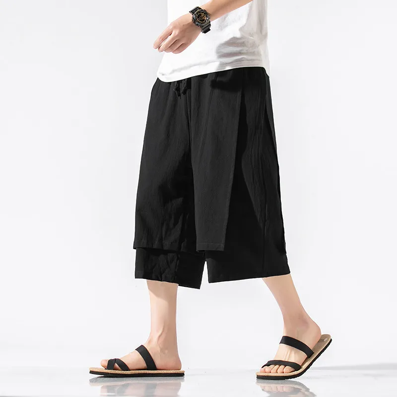 Plus size M-8XL Cotton Linen Wild Leg Pants Casual Loose Calf-Length Pants Man Bloomers Summer Baggy Traditional Pants Trousers