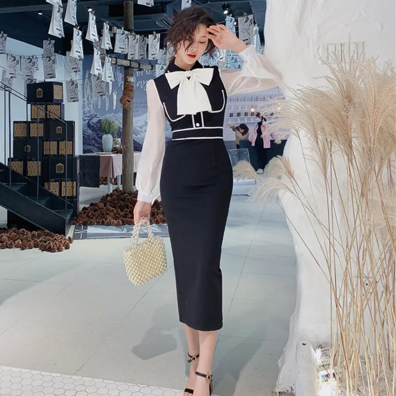 

Patchwork Long Lantern Sleeve Bow Neck Dress 2019 Autumn Womens Dresses Office Lady Vintage Bodycon Sexy Party Bandage Dress