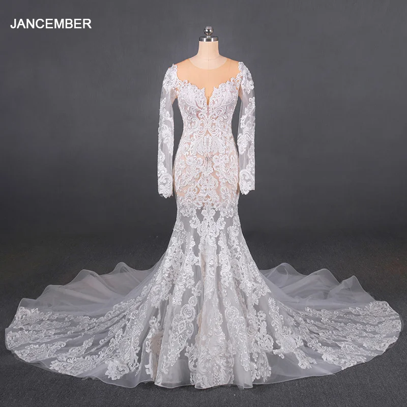 

LSDZ07 Illusion Sexy V-Neck Cheap Crystal Mermaid Wedding Dress 2020 Long Sleeve Button With Back Appliques