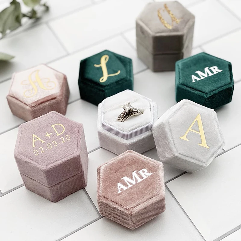 

Hexagonal Velvet Ring Box Customized Double Slot Wedding Engagement Ring Box Velvet Ring Storage Box Elegant Retro Gift