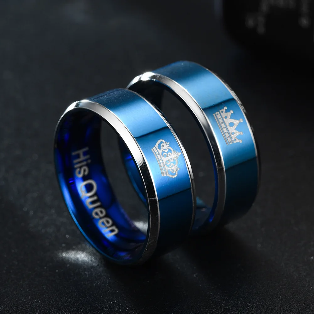 AsJerlya Stainless Steel Blue Color Rings Lette His Queen Her King Couple Rings, Women Men Engagement Rings Wedding Accessories