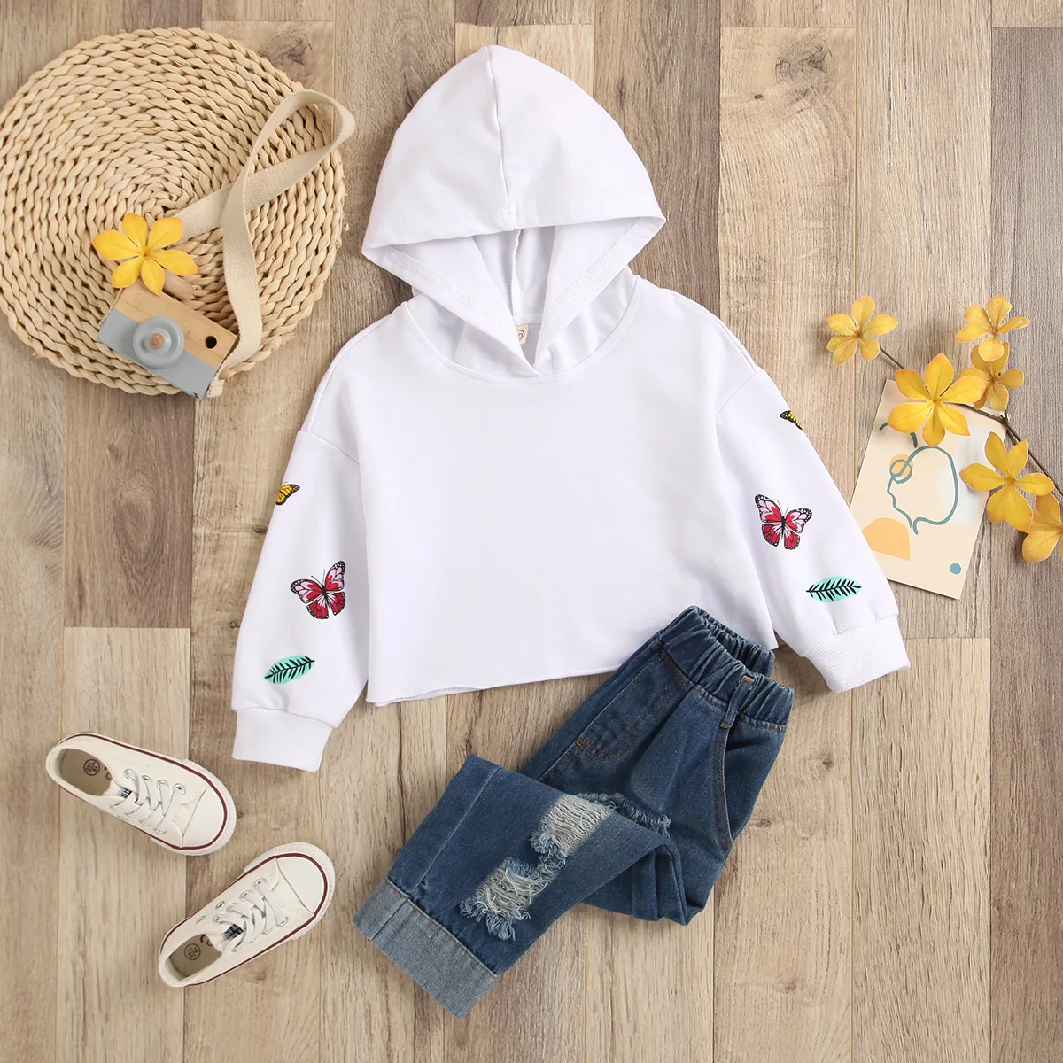 

Autumn Girls Clothing Sets Butterfly Print Hoodies Sweatshirts + Ripped Jeans Toddler Girl Outfits roupas infantis Girls Clothes