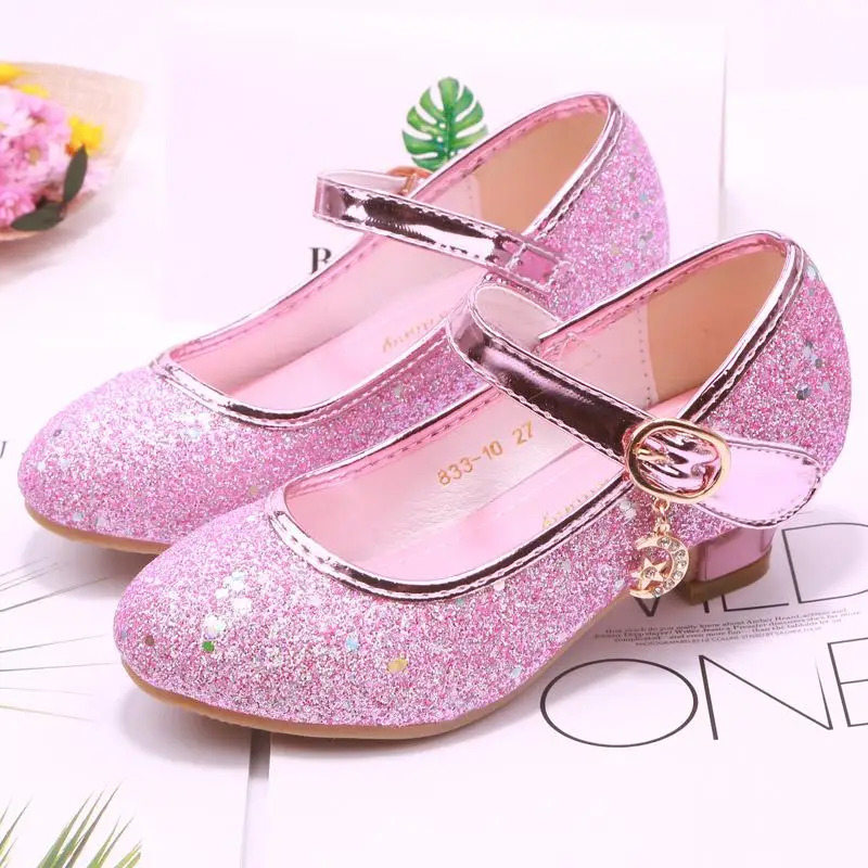 Kinderen Prinses Schoenen student dansschoenen voor Meisjes Hoge Hak Sandalen Jurk Paars Kinderen Lederen Glitter Kristallen Schoenen Banket - afbeelding 1