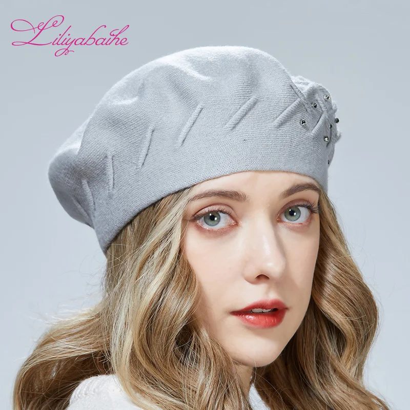 Liliyabaihe women winter hat Wool knit berets High-end diamonds of the same color decoration Popular folds fashion lady hat