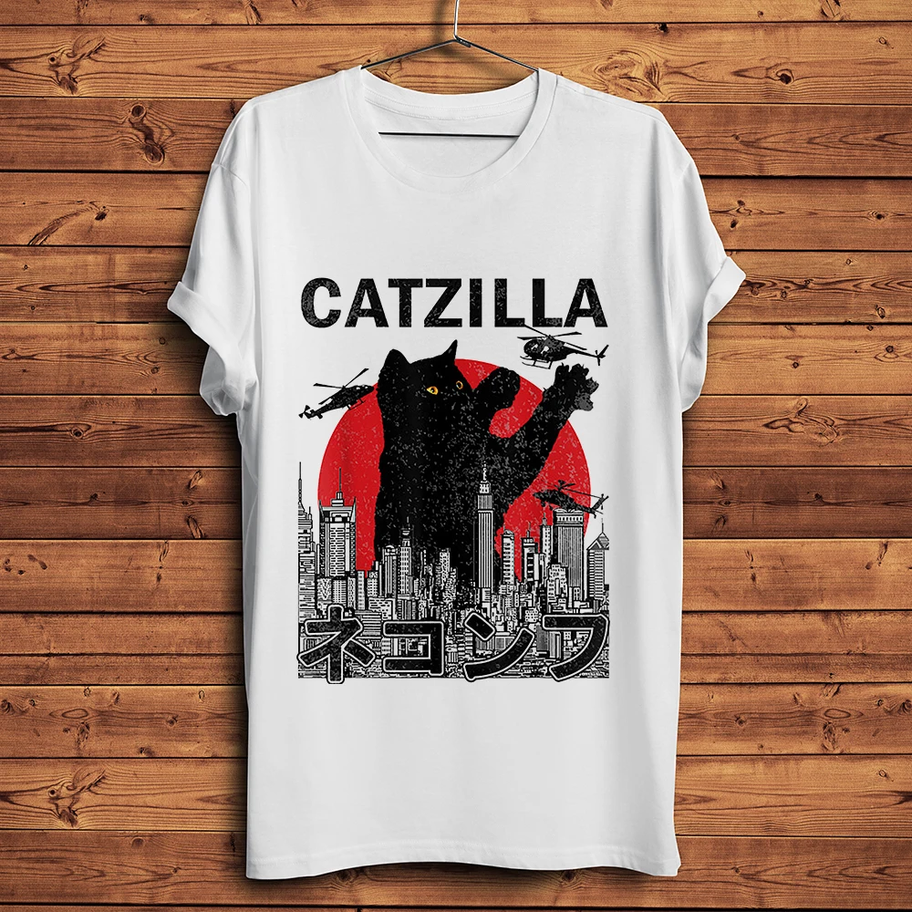 Camiseta divertida de gato kaiju catzilla para hombre, camisa informal de manga corta con cuello redondo, ropa de calle unisex, color blanco, novedad de verano