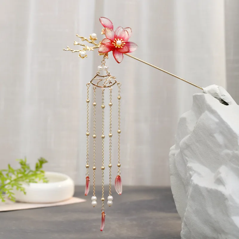 Red Flower Hairpin Pearl Long Tassel Hair Stick Golden Metal Hair Bun Jewelry For Women Chinese Wedding Dress Ancient Hair Clip