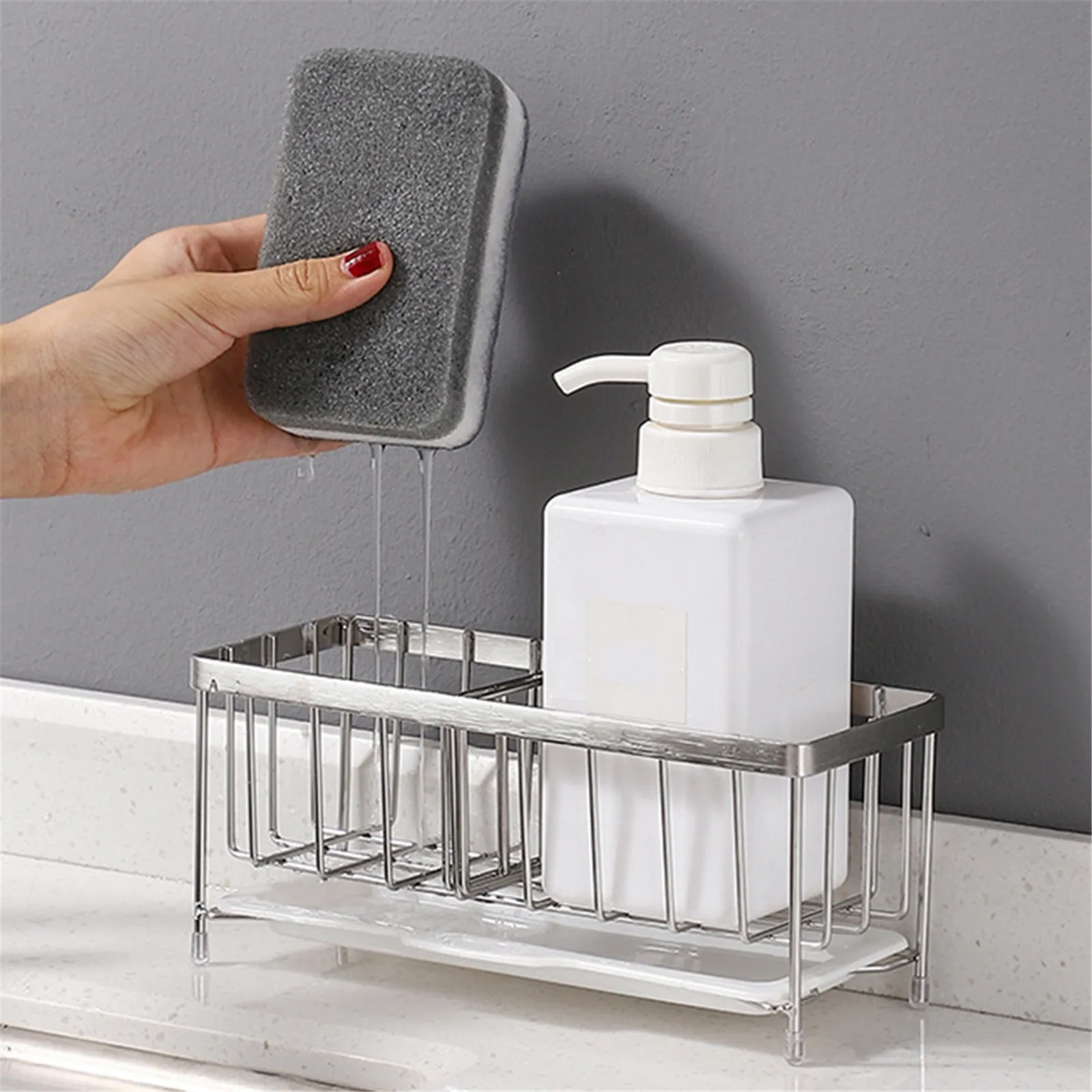 Storage Sponge Holder Sink Caddy Organizer Drainer Rack Detergents Stainless Steel Kitchen Convenient Hollow Bottom Shelf