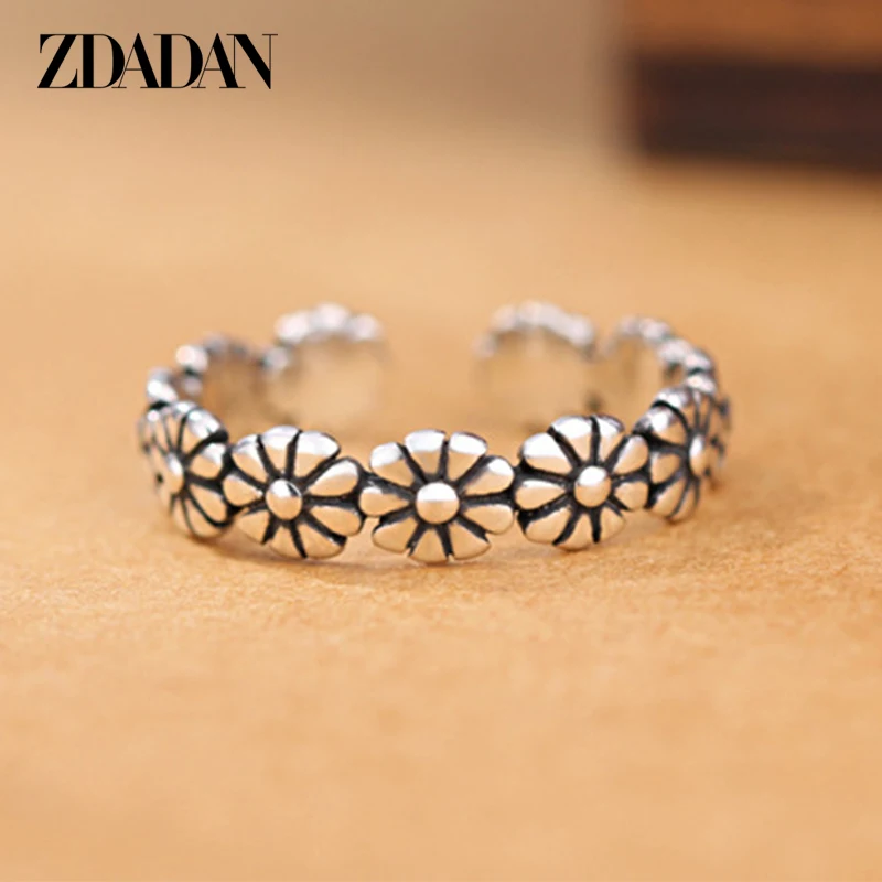 ZDADAN 925 Silver Vintage Daisies Flower Open Ring For Women Jewelry Accessories