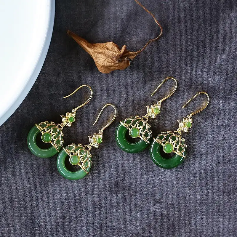 Natural Hetian jade Jasper Earrings Chinese retro court style designer craft original charm women\'s brand silver jewelry