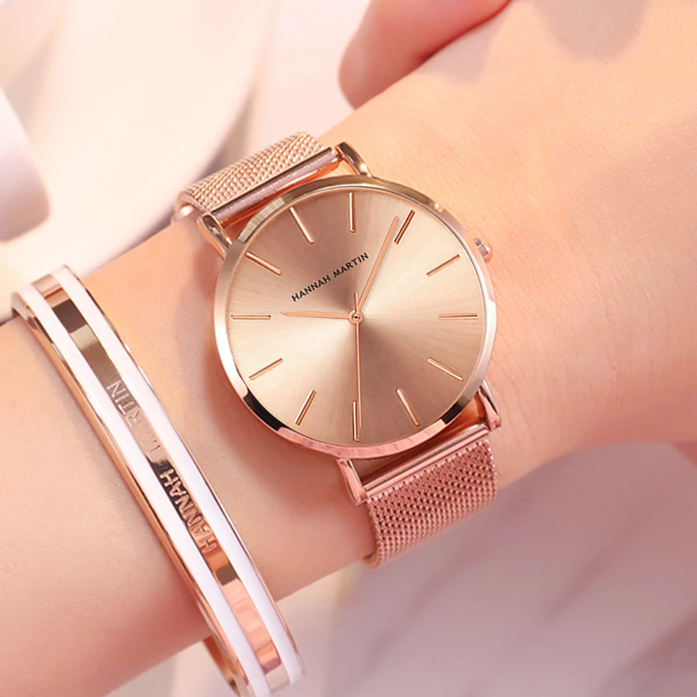 

Hannah Martin New Hot Top Brand Luxury Japan Quartz Wristwatch Stainless Steel Rose Gold Waterproof Watch for Women reloj mujer