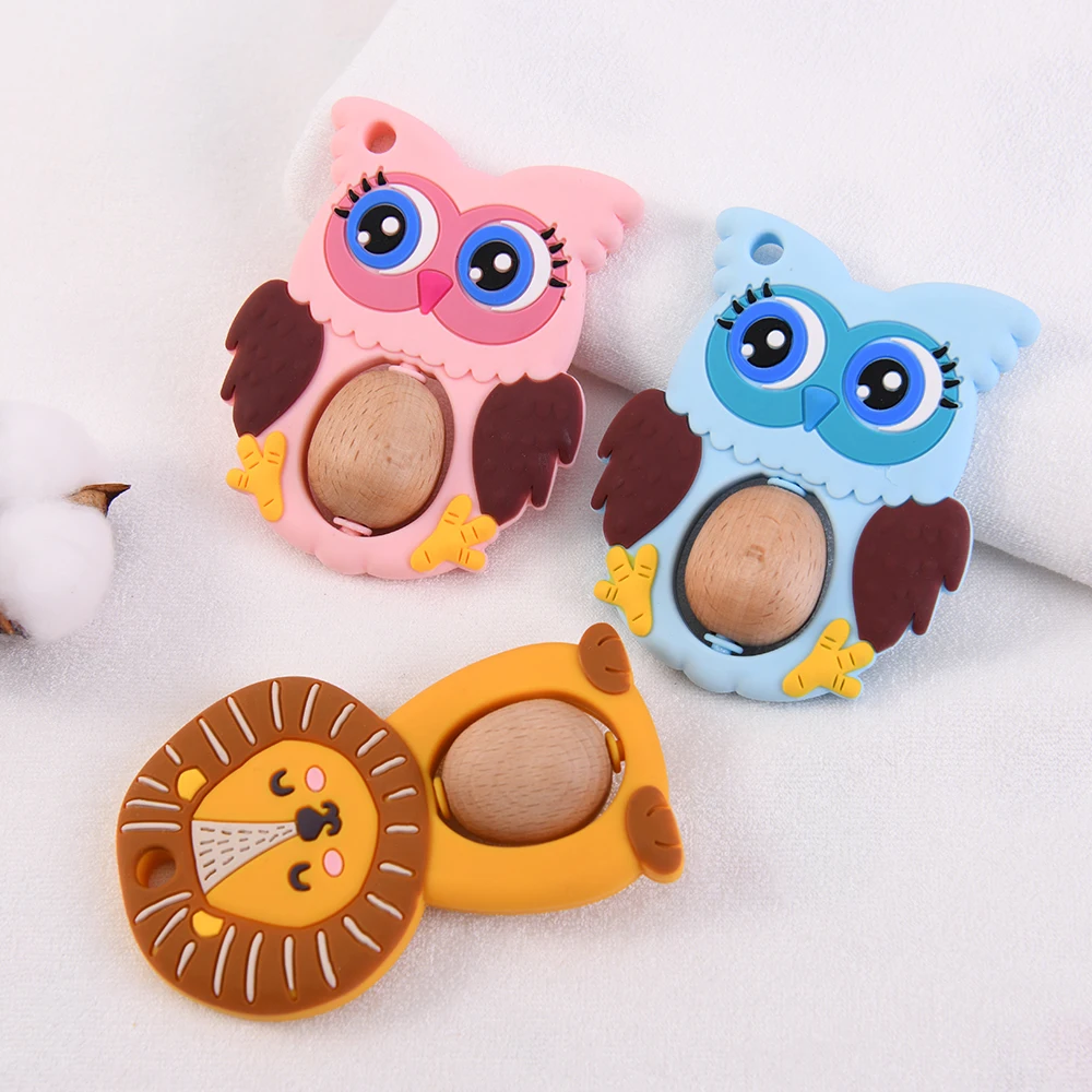 BPA Free Silicone Owl with Wooden Bead Teether Food Grade Tiny Rod DIY Teething Necklace Baby Shower Gifts Cartoon Teether