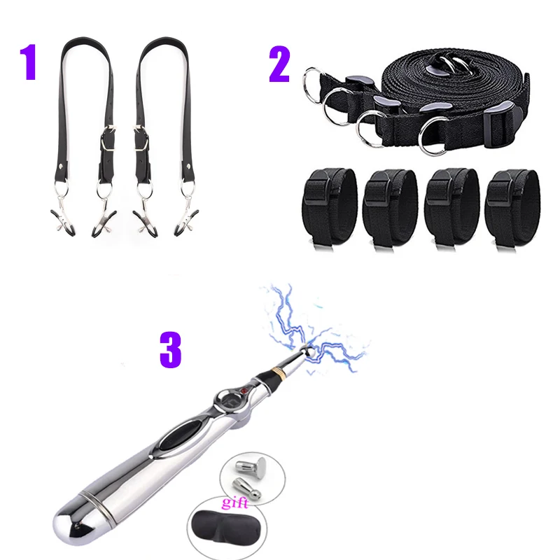 Electric Shock Vagina Pen Labia Clips Nipple Clamp Bdsm Bondage Clit Stimulator Set Restraint Strap Mouth Gag Vibrator Sex Toys