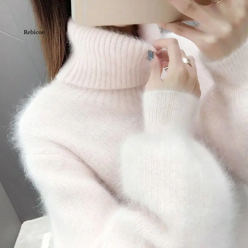 Oversized Cropped Sweater Turtleneck Women Winter Clothes Knitted Fluffy Woman Sweaters Korean Pullover Vintage Jumper Pink