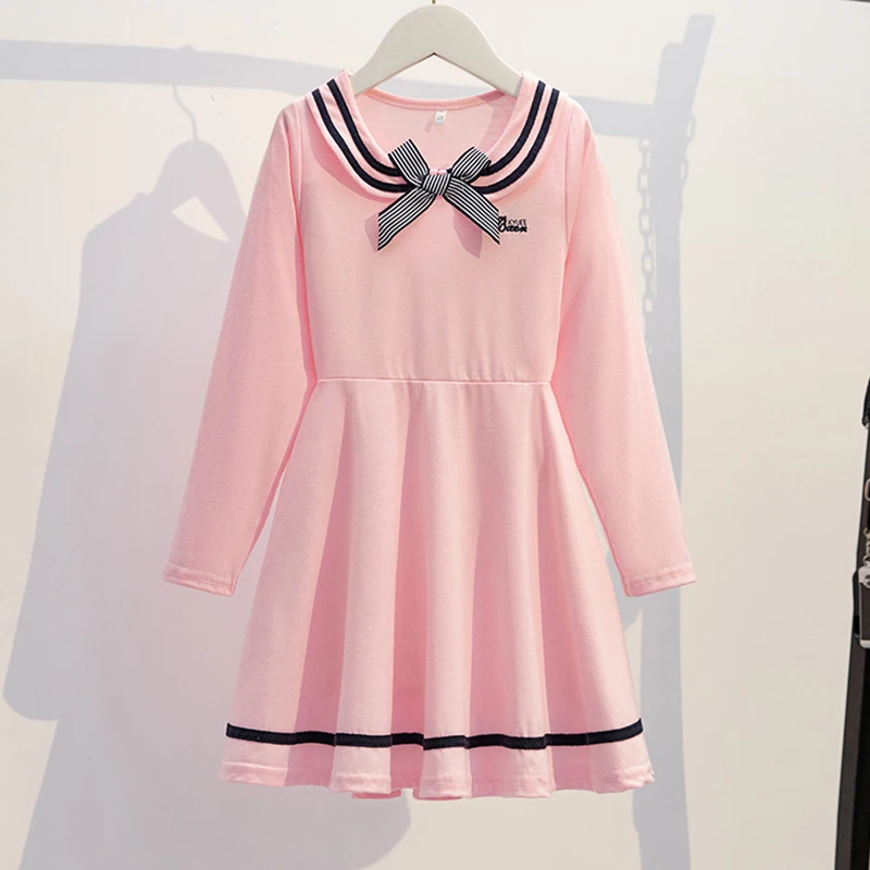 Abiti per bambina primavera e autunno abiti da scuola per bambini abiti a maniche lunghe con fiocco abiti per bambini stile Preppy 3-14 anni