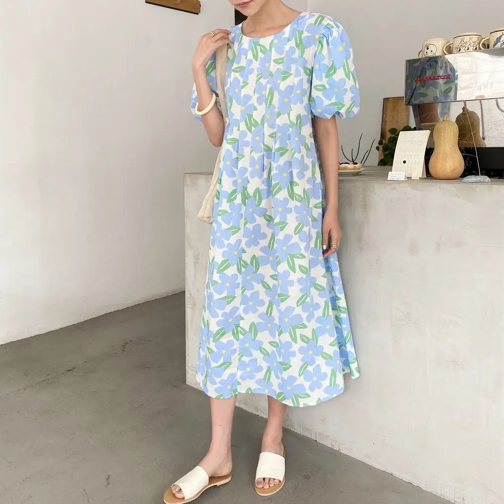 2021 Women Summer Round Collar Folds Long Floral Dress Puff Sleeve Slim Waist A-line Midi Sundress