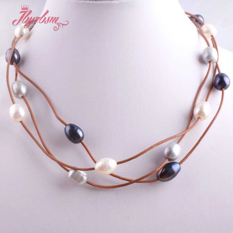 10-12mm Oval Freshwater Pearl Natural Stone Beads For Christmas New Year Gift Jewelry Leather Necklace Lobster Clasp 16\