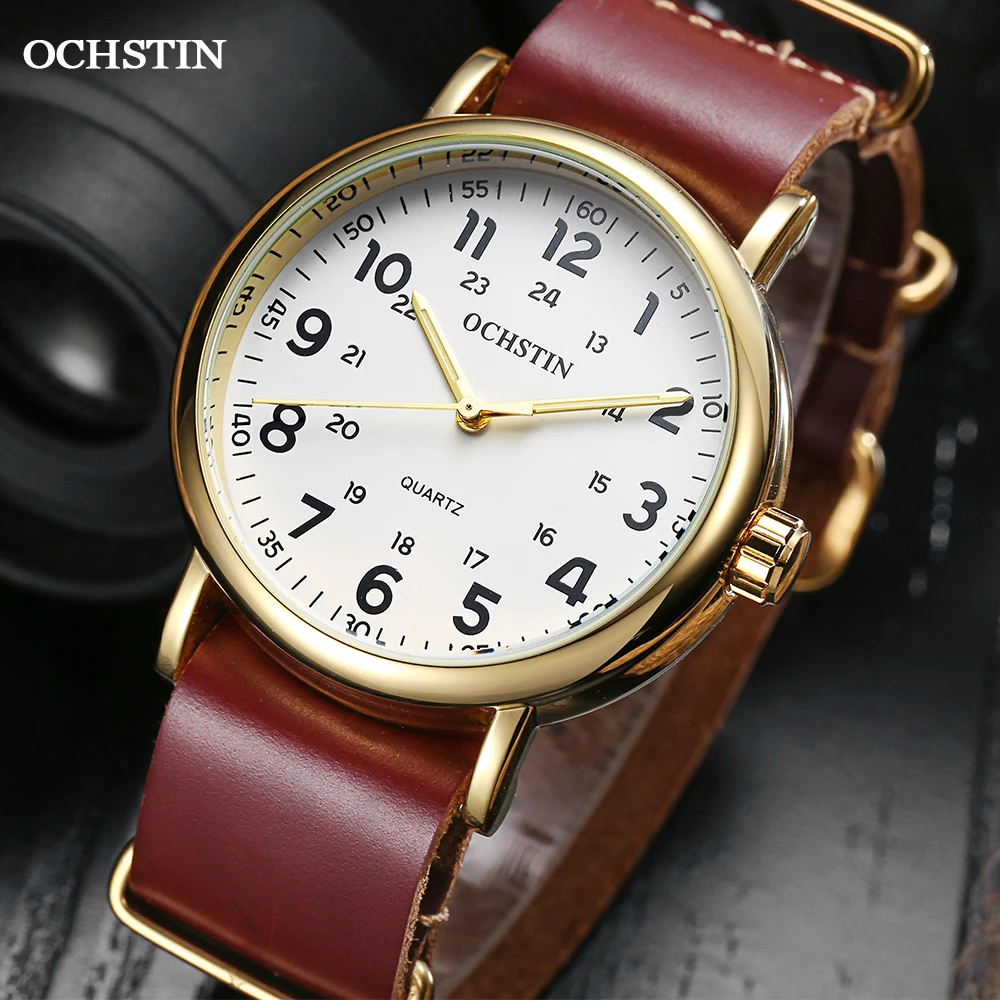 OCHSTIN Men\'s Quartz Pilot Watch Classic Vintage PU Leather Men WristWatches Waterproof Gold Nylon Strap For Male Clock Vintage