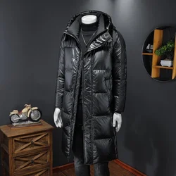 Style Korean Mens Loose Long Hooded White Duck Down Jacket Zippers Covered Button Pockets Thicken Winter Warm Fashion Coat