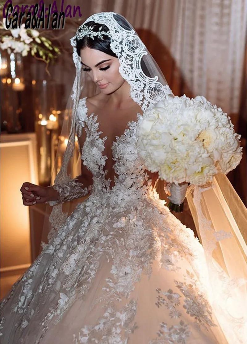 Customized Princess Wedding Dresses For Bride Sheer Neck Applqiue Lace Bridal Gowns Long Sleeves Vestido De Noiva Civil