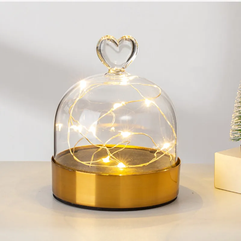 

2sets/pack Metal EVA Buckle Gold Base Glass Dome Home Decoration Luminous Stainless Steel Disc Heart Top Dust Proof Cover