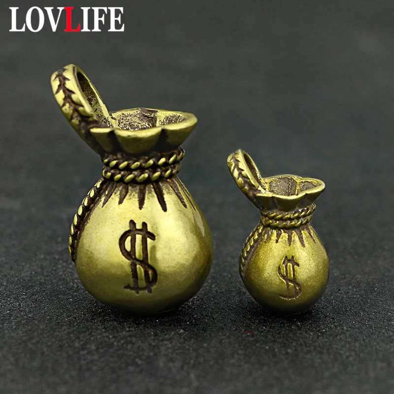 Brass Money Bag Keychains Hanging Pendants Trinket Metal Pure Copper Lucky Purse Keyrings Charms Ornament Vintage Handmade Craft
