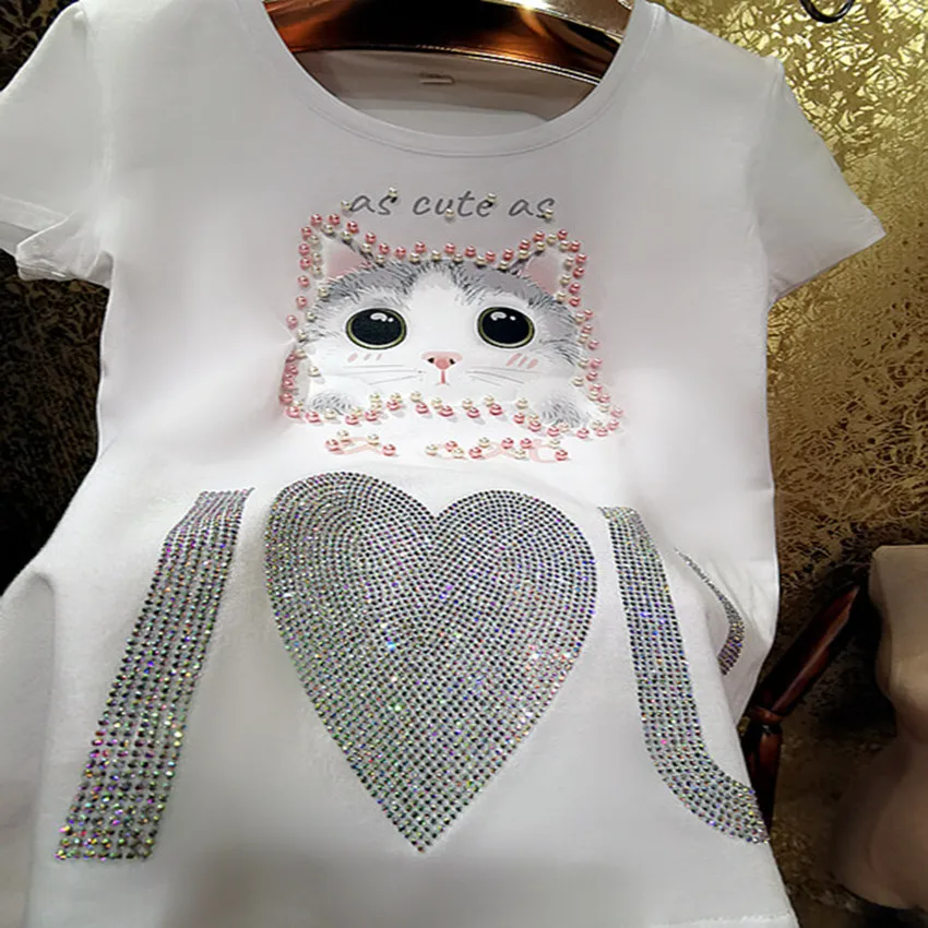 

Heavy industry shiny rhinestone love t-shirt women summer cat beaded pearl parent-child cotton top tees