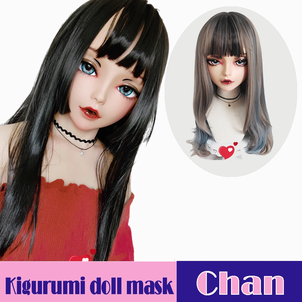 

(Chan)Female Sweet Girl Resin Half Head Kigurumi Mask With BJD Eyes Wig Cosplay Japanese Lolita Mask Full Set Crossdress Doll