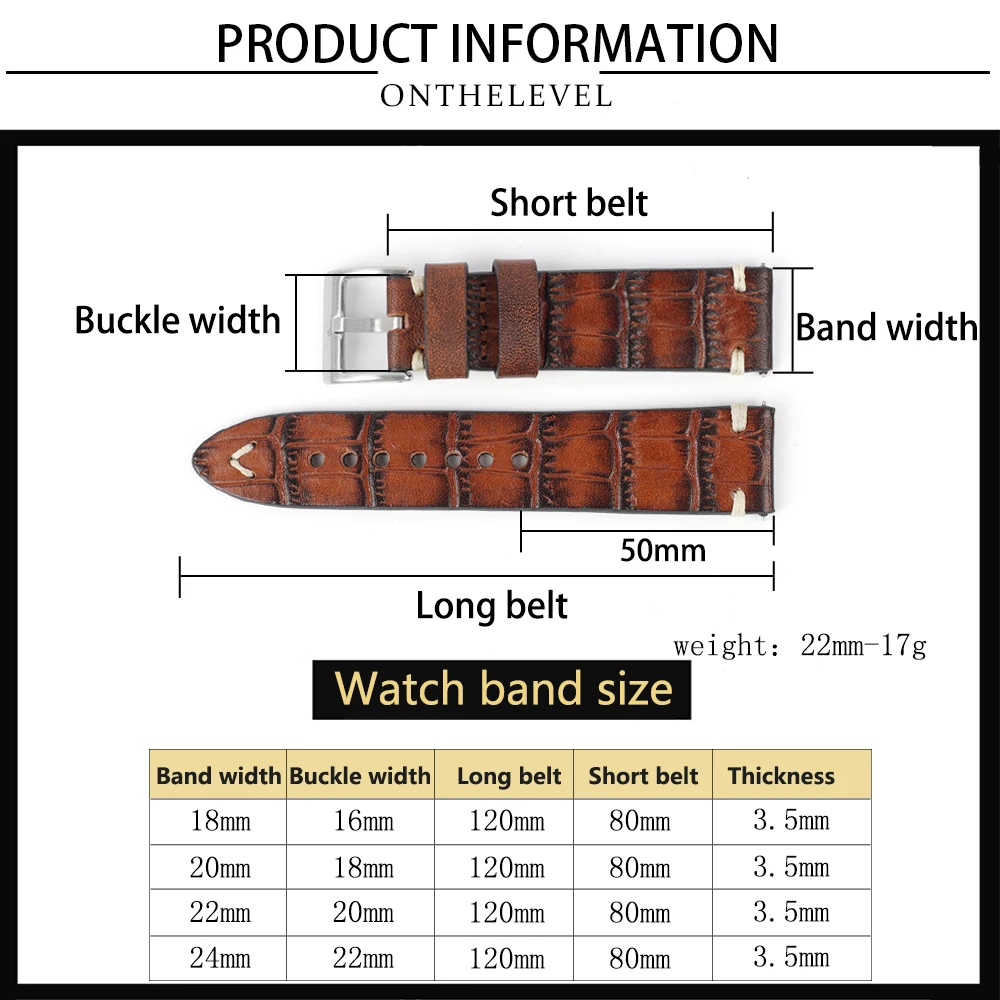 Handmade Alligator Stitching Watch Strap 18mm 20mm 22mm 24mm Quick Release Watch Belt Replacement Genuine Leather Watchband