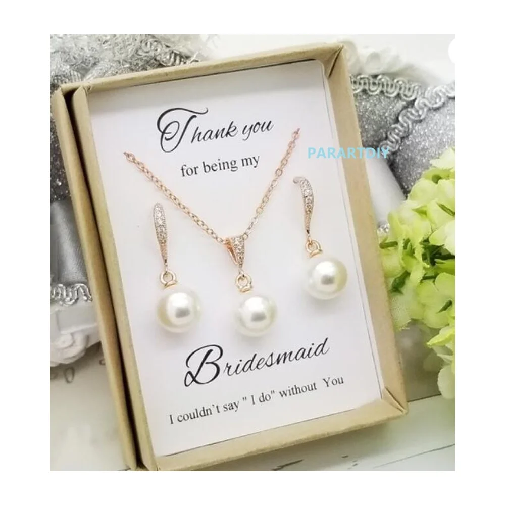 

Personalized text Bridesmaid Gift Custom Necklace Elegant Pearl dangle, Bridesmaid Pearl Necklace earrings set birthday gifts