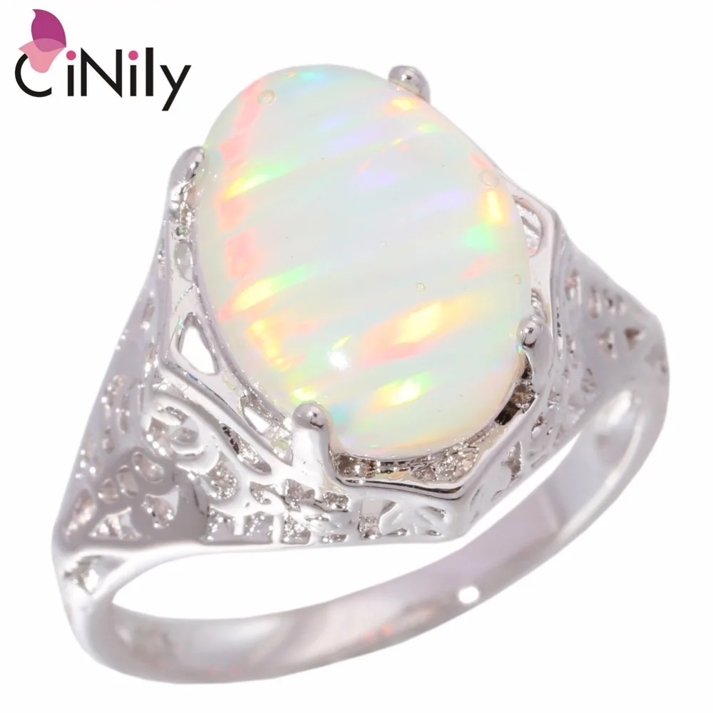 CiNily Created White Fire Opal Rings Silver Plated Oval Stone Hot Sell Fashion Wedding Party for Women Jewelry Ring Size 5-12