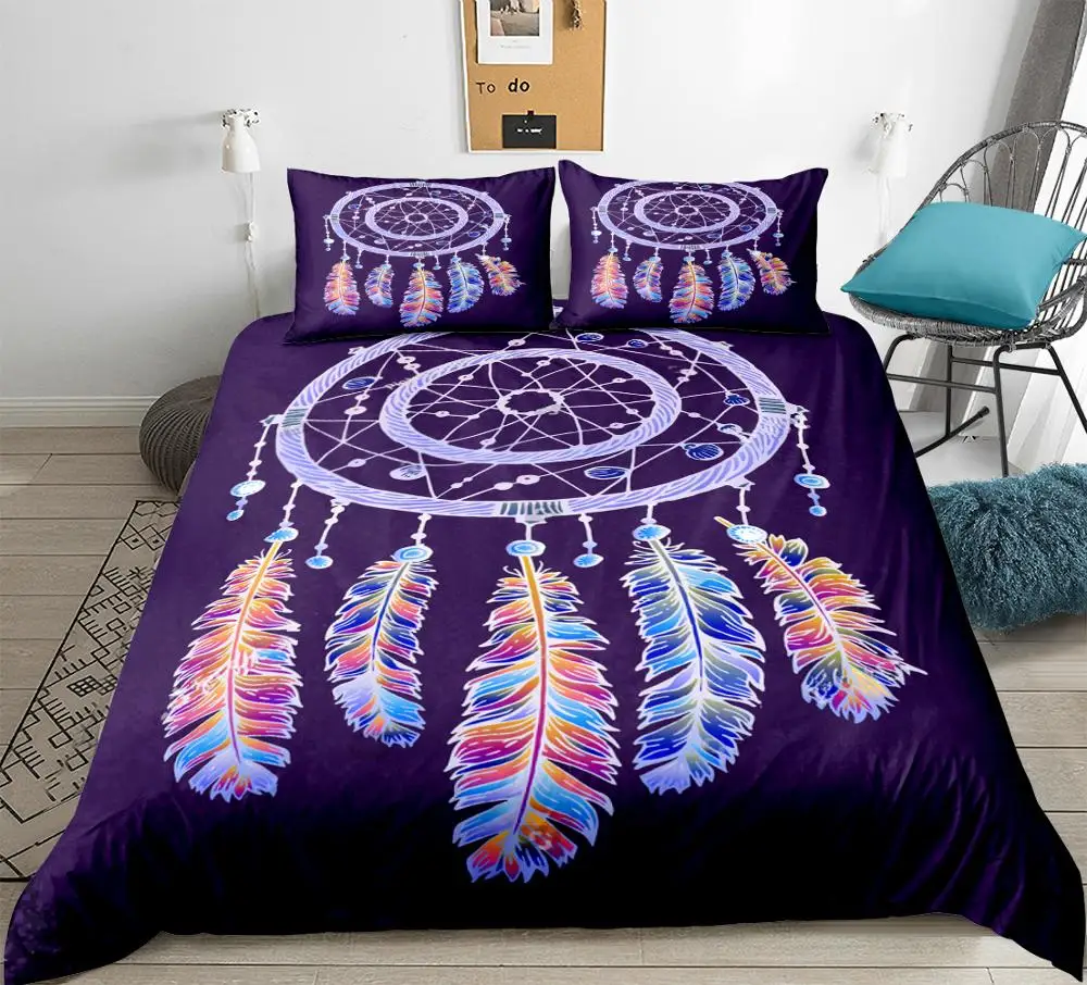 

3 Pieces Purple Dreamcatcher Duvet Cover Set Boho Dreamcatcher Bedding Feathers Quilt Cover Queen Bed Set Kids Teens Dropship