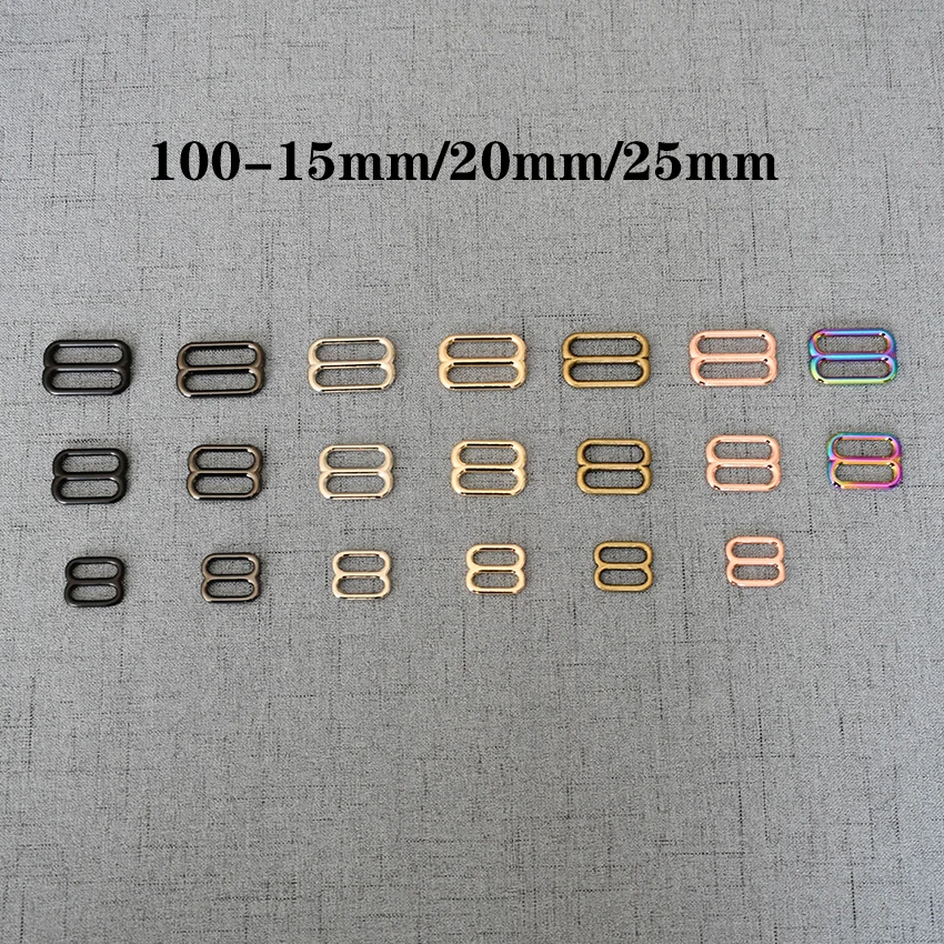 

100 Pcs/Lot 15mm 20mm 25mm Metal Adjuster Sliders DIY Bag Dog Collar Belt Straps Buckle Knapsack Garment Sewing AB29507