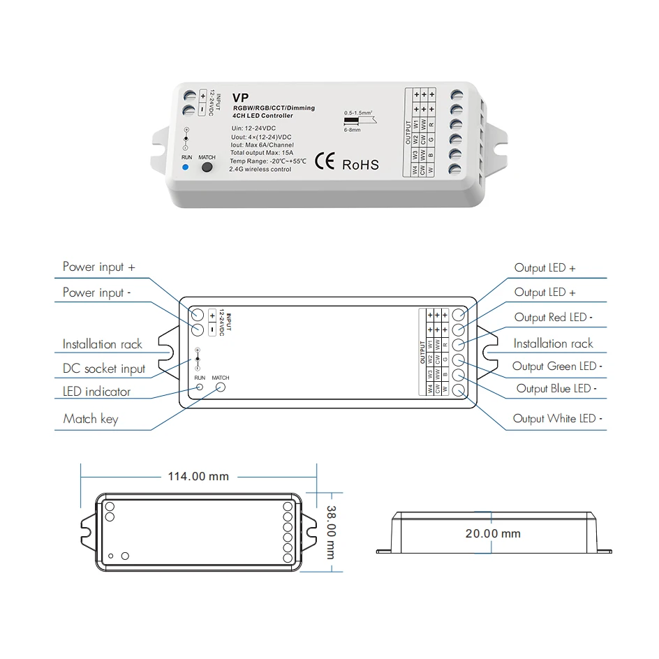 Imagem -02 - Controlador de Led de Alta Potência Canais Rgbw Rgb com Regulador de Intensidade 2.4g sem Fio 12v 24v 36v 5a 15a