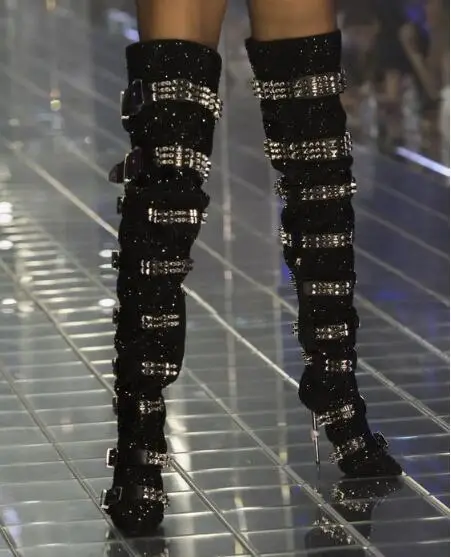 Sexy Black Sliver Rhinestone Buckles Rivets Over The Knee Boots Woman Bling Bling Pointed Toe Iron Heels Spike Long Boots Lady