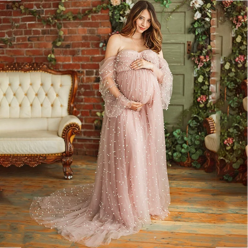 Romantyczna różowa sukienka ciążowa dla Babyshower Sweetheart Pearl Tulle suknia macierzyńska fotografia ciąża kobiety długa sukienka