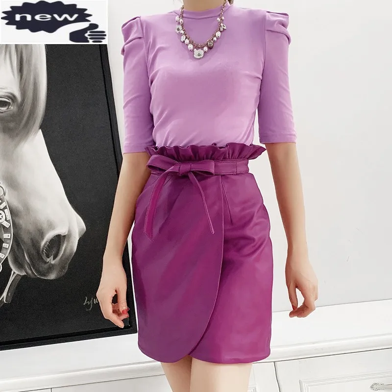 

Fashion Women Sexy Ruffle Bud Skirt Sashes High Waist Wrap 2021 Autumn Office Ladies Elegant Genuine Leather Mini Skirts