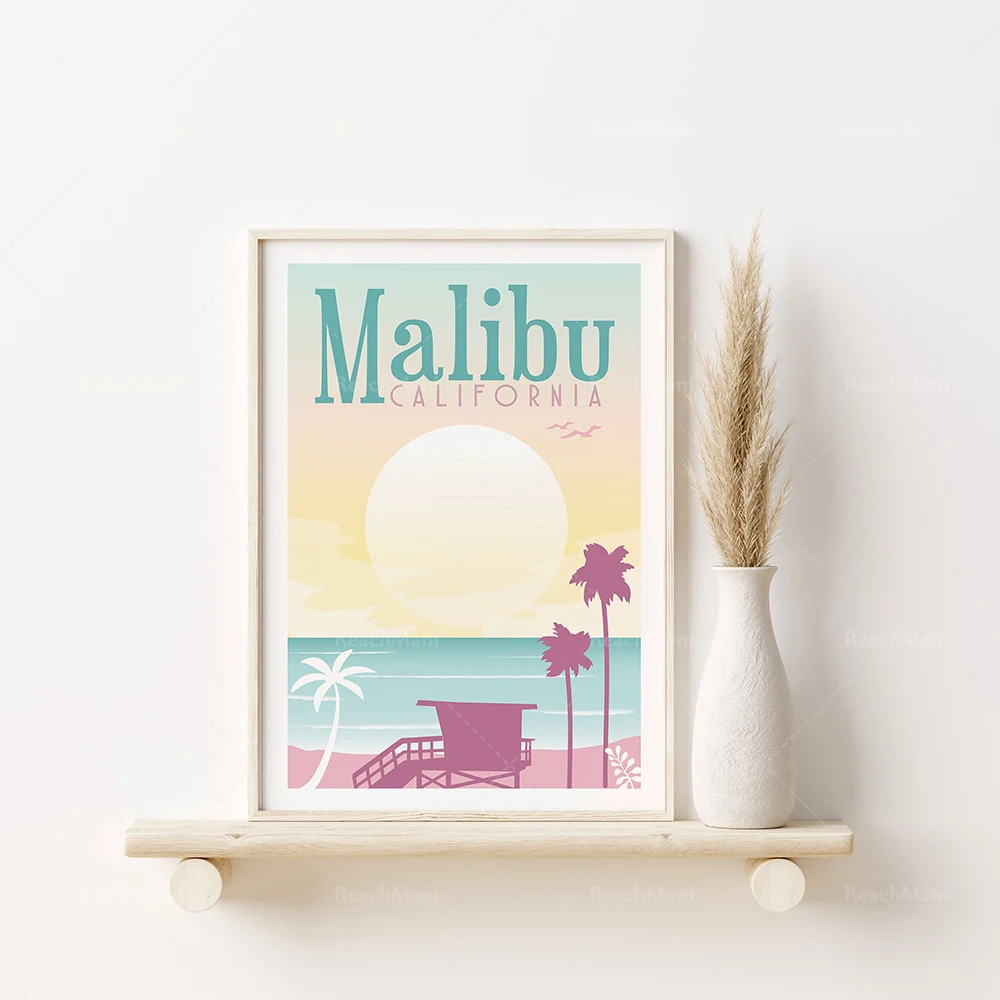 Colorful vintage wall art set of 3 travel prints, pink and purple beach prints, Santa Monica Pier poster, California wall art de