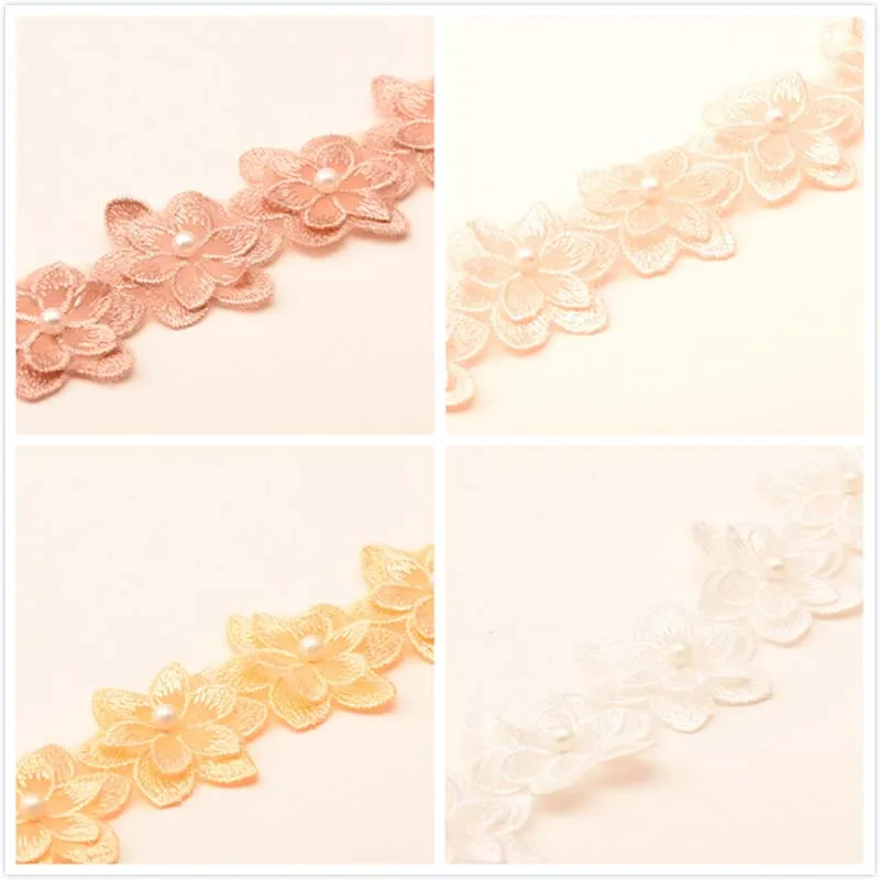 40Yards Pearls Flowers Embroidered Lace Ribbon Trim Pink Purple Red Two Edges Fabric Handmade Sewing Supplies Accessories