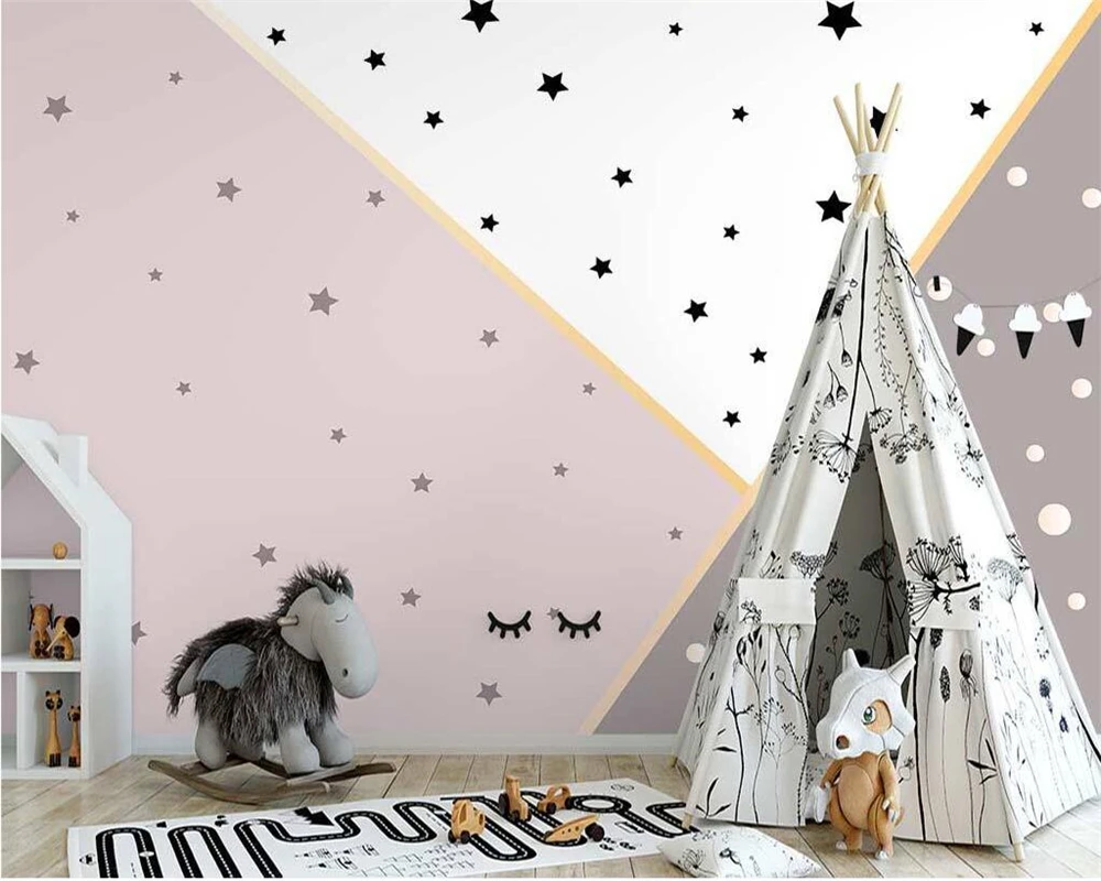 beibehang Customize papier peint Nordic hand-painted pink geometric starry sky children's room wallpaper background wallpaper