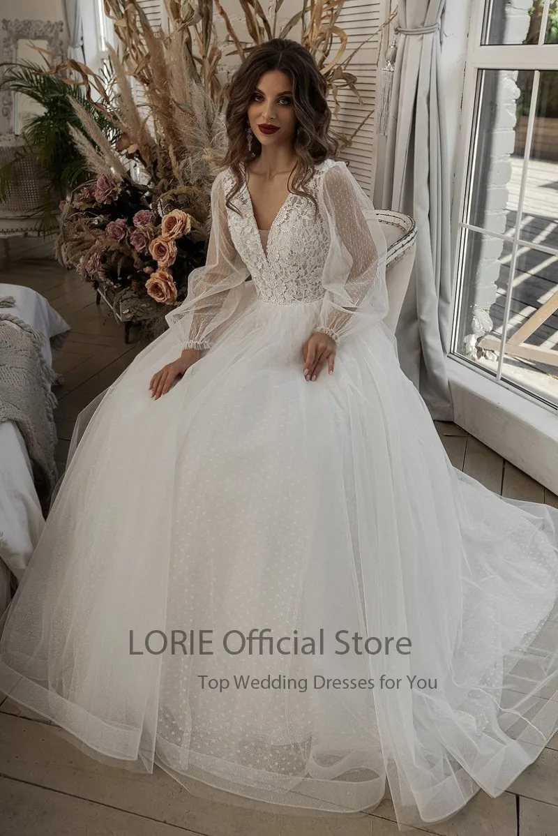 Lorie Boho Trouwjurken V-hals Applicaties Kant Polka Dot Tule A-lijn Lange Puff Mouwen Arabisch Corset Wedding Bruidsjurken