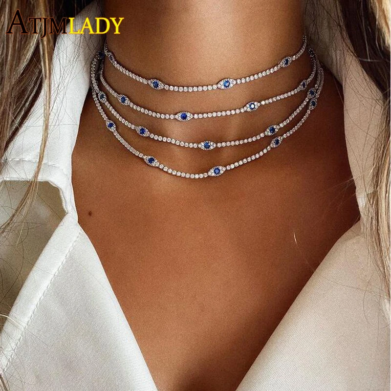 2022 New Arrive Minimal Delicate Clear CZ Lucky Turkish Evil Eye Charm Choker Collarbone Women Girl Tennis Chain Necklace