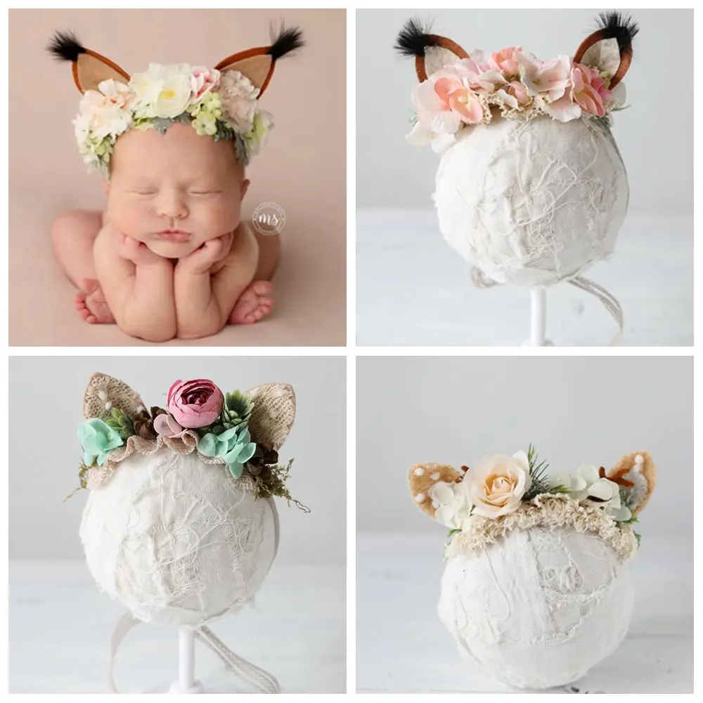 Fox Cat Ear Flower Headband For Girls Newborn Photography Props Baby Photo Hair AccessoriesChristmas Halo Floral Crown Hairpiece