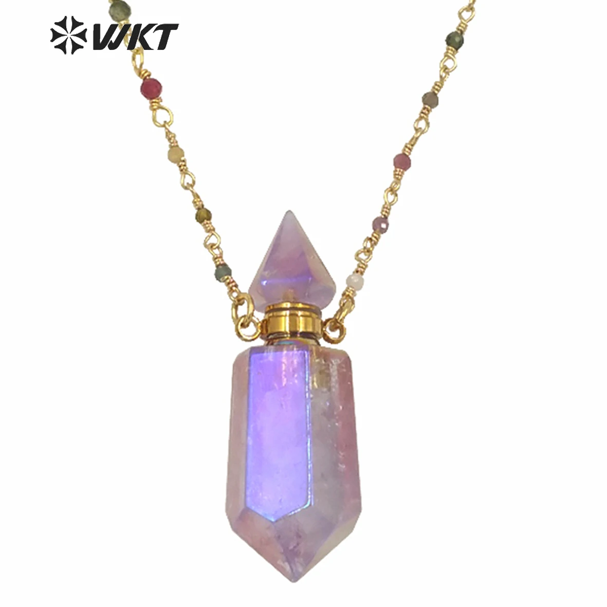 WT-N1234 Wholesales Amazing Natural Light Purple Stone Essencil Oil Bottle Beads Necklace Double Quartz Point Perfume ACC