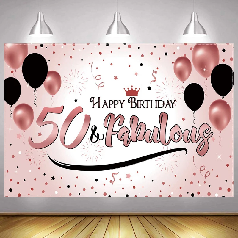 

Sweet Rose Gold 50th Backdrop Women Men Happy Birthday Party Fifty Years Photography Background Adult Photographic Banner