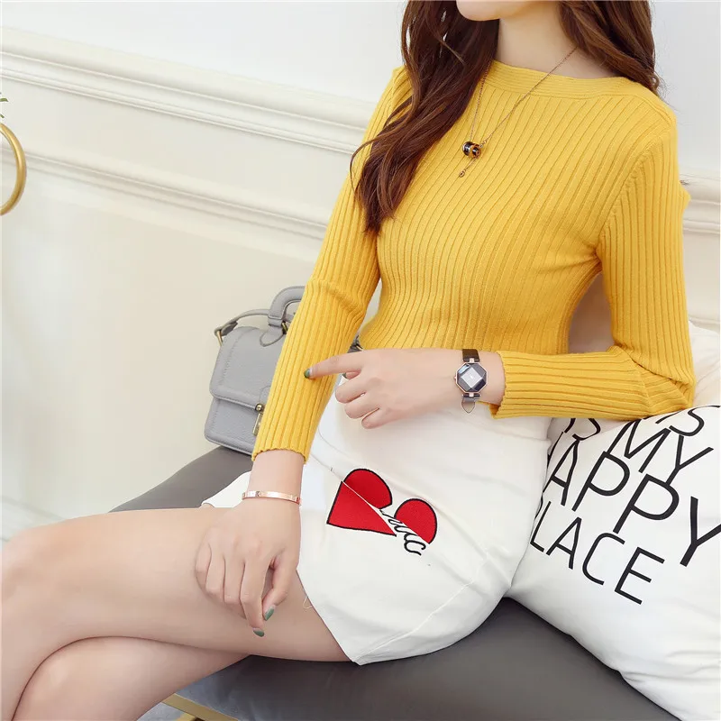 

H9547 Korean Warm Sweater Women Fall Winter Slim Fit Pullover Student Slash Neck Casual Solid Color Knitted Bottom Jumper Tops