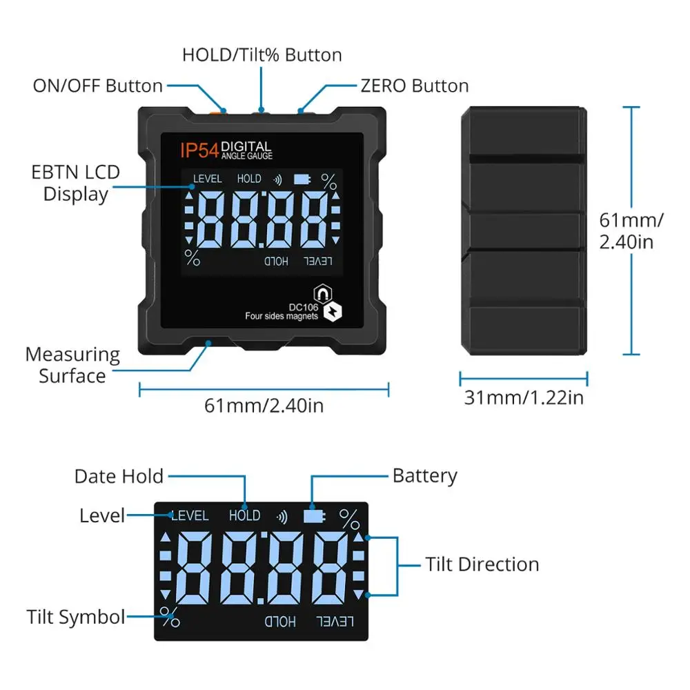 Imagem -05 - Digital Inclinômetro Ângulo Calibre Lcd Backlight Transferidor Finder Chanfrado Nível Caixa 0360 ° à Prova Impermeável Água com Facetas Baseadas Magnéticas