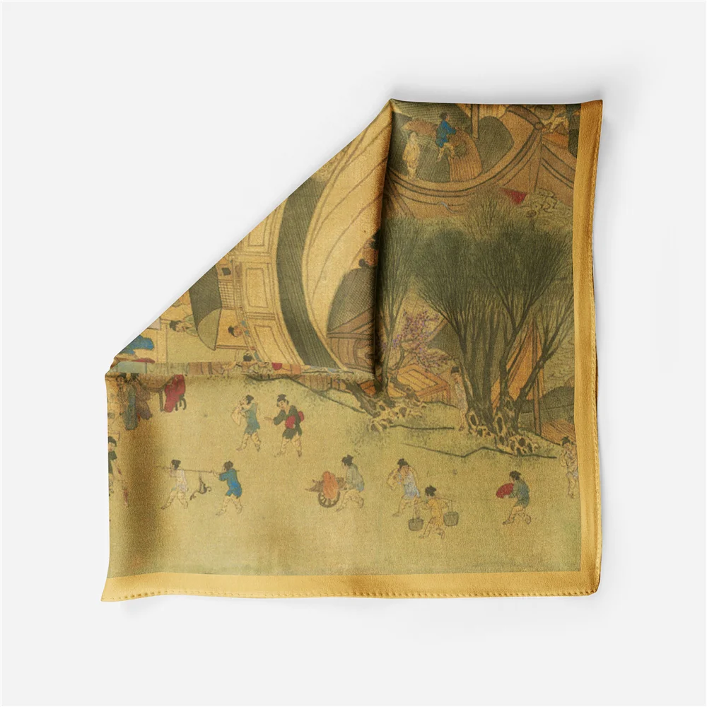 Twill Silk Scarf Woman China Style Painting Square Scarves Wraps Bandana Small Hijab Silk Foulards Tie Headband Neckerchief 53CM