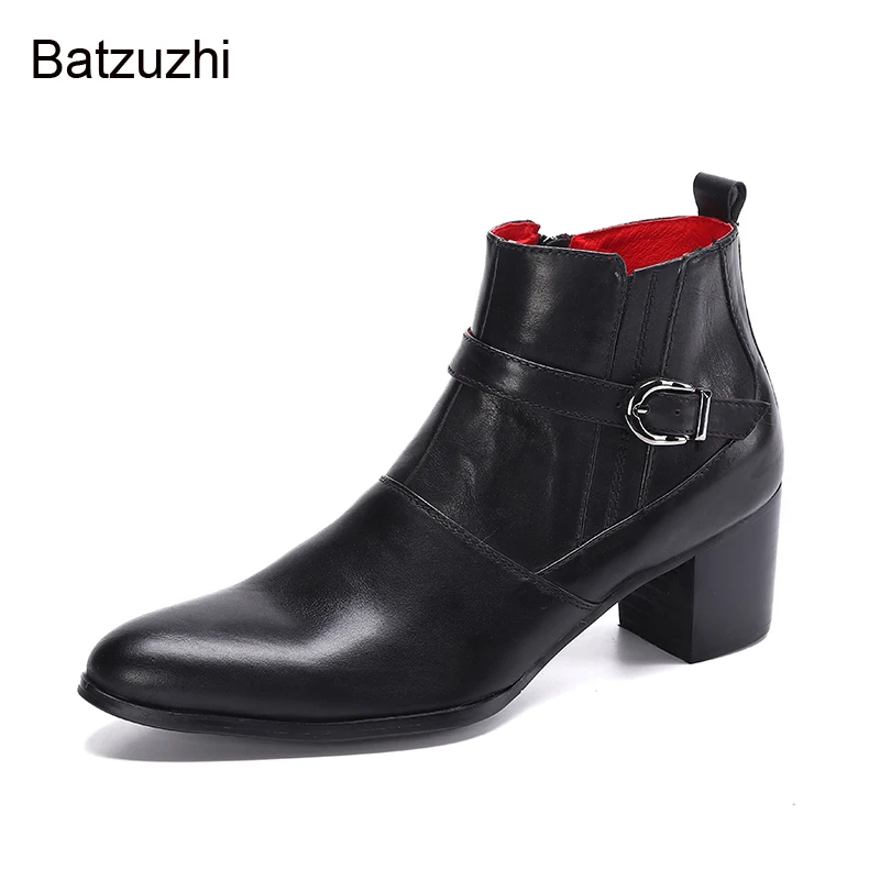 Batzuzhi Handmade Luxury Leather Ankle Boots Men Pointed Toe Black Business Leather Short Boots for Men Buckle Zip High Heels