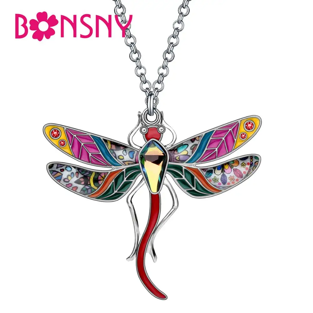 Bonsny Alloy Enamel Rhinestone Floral Dragonfly Necklace Pendant Chain Choker Insect Jewelry For Women Girl Party Gift Accessory